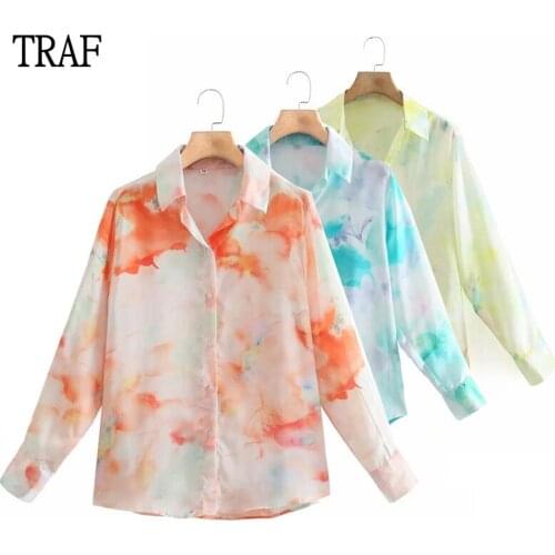 TRAF Za 2021 Top Woman Satin Button Up Shirt Women Long Sleeve Spring Tie Dye Blouse Women Asymmetric Hem Casual Summer Shirt