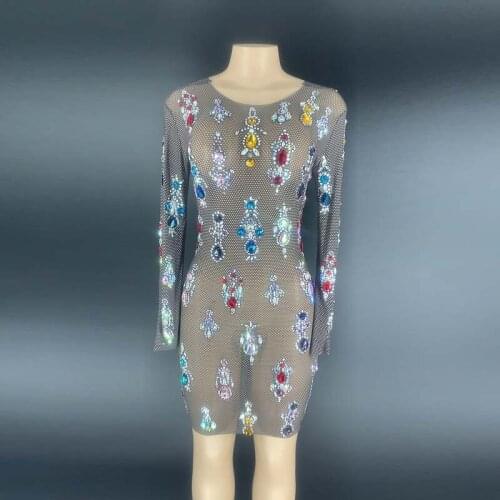 Multi-color Rhinestones Black Transparent Dress Bar Long Sleeves Women Dance Dress Birthday Outfit Dress