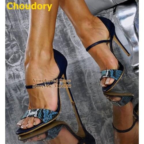 Choudory Sexy Snakeskin High Heel Shoes Python Printed Buckle Strap Dress Pumps Stiletto Heels Patchwork Banquet Sandals Size46