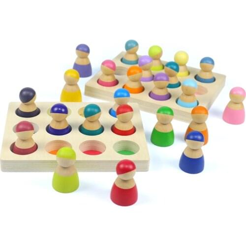Kids Rainbow Macaron Peg Dolls with Tray Children Pretend Play Creative Blocks Color Sorting Baby Montessori Educational Toys