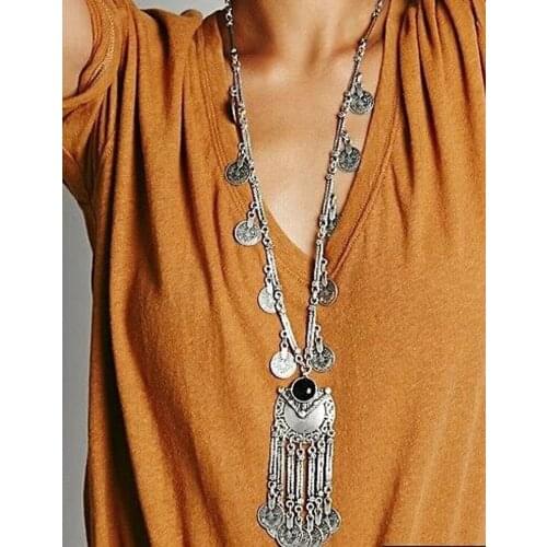 Long Bib Necklace Statement With Flower Tribal Indian Necklace Black blue Stone Coin Pendant Earrings Gypsy Turkish Jewelry sets