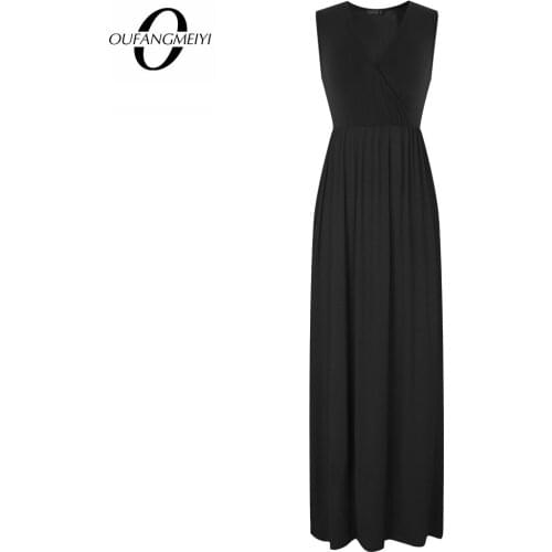 Women Elegant Solid Color Summer Brief Casual Sleeveless Long Beach Vacation Dress EA162