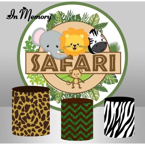 Animals Safari Jungle Party Round Circle Backdrop Green Leaves Lion Elephant Kids 1st Birthday Photography Background Customized