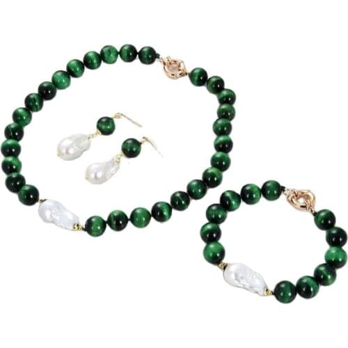 GG Jewelry 14mm Round Green Tiger Eye Cultured White Keshi Pearl Necklace 18.5" Bracelet Earrings Sets
