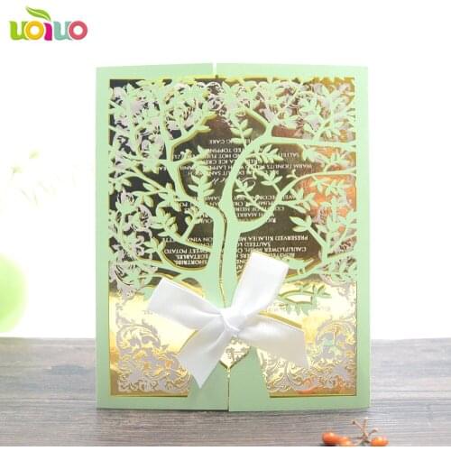 DIY customzied inc214 europe Wedding invitations Card, green tree invitation card tied cream bow,print insert,envelope
