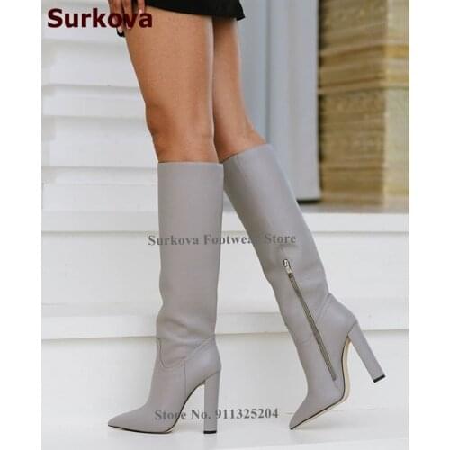 Surkova Top Brand Chunky Heel Knee High Boots Pointed Toe Zipped Matte Leather Tall Boots Women Fall Winter Outdoor Dress Shoes