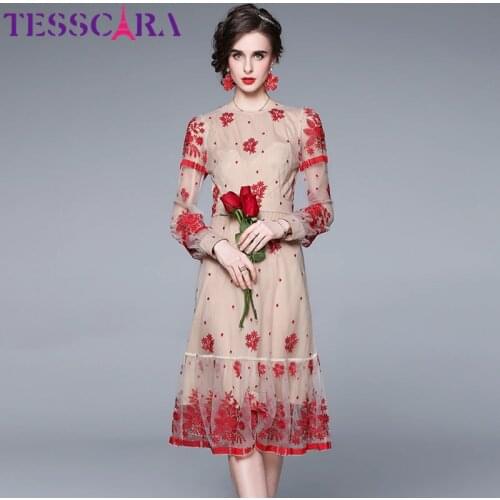 TESSCARA Women Luxury Embroidery Mesh Dress Festa High Quality Vintage Party Robe Femme Lantern Sleeve Designer Red Vestidos