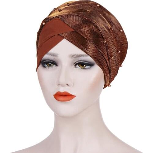 Shiny Pearl muslim head scarf women hijab caps pearl turban hat Muslim turban folding hat Fashion Women Head Scarf Hijabs 2020