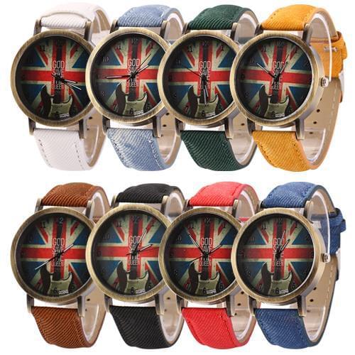 Unisex Vintage Bronze Denim Band UK Flag Guitar Print Analog Quartz Wrist Watch