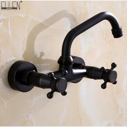 Vidric Wall Mounted Kitchen Faucets Black Wall Sink Faucet 2 Handle Hot Cold Water Mixer Tap ELM204