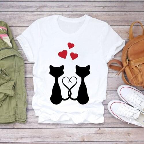 Women Printing Cartoon Cat Love Couple Animal Style 90s Ladies Print Lady T-shirts Top Womens Stylish T Shirt Girl Tee T-Shirt
