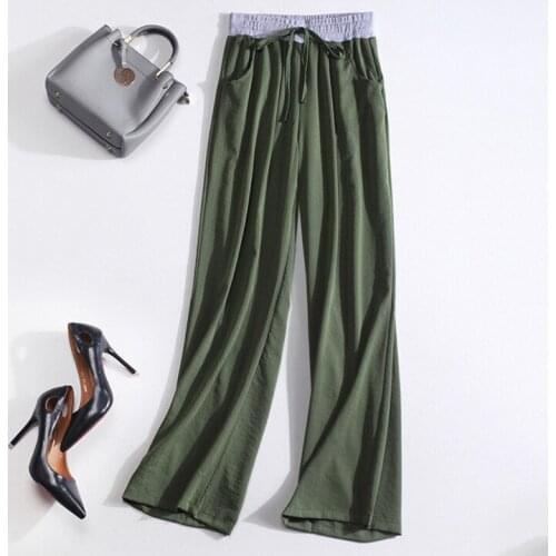 2021 Summer Women Pants Elastic High Waist Lace-up Pants Women Casual Cotton And Linen Wide-leg Pants Solid Loose Long Trousers