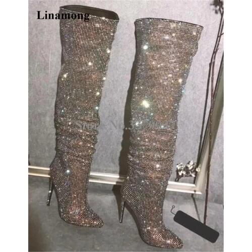 New Design Women Fashion Pointed Toe Bling Bling Over Knee Rhinestone Boots Crystal Long High Heel Boots Luxury Thin Heel Boots