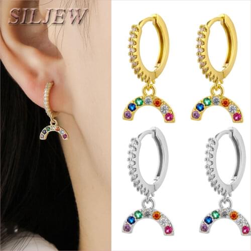 SilJew 925 Sterling Silver Colored Zircon Rainbow Pendant Hoop Earrings for Women Dainty Earrings Jewelry Wholesale 2021 Trend
