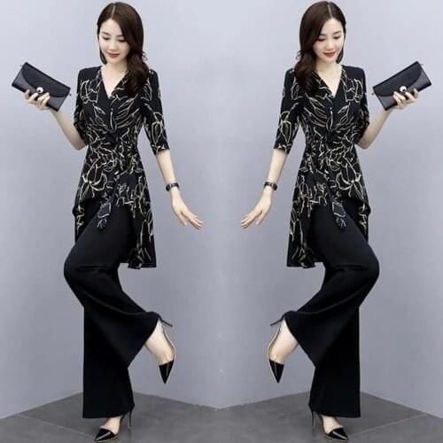 2021 Women Summer Fall Pant Sets Fashion Chiffon High Waist Wide Leg Pants & Irregular Hem Tops 2 Pieces Suits Oversize 5X