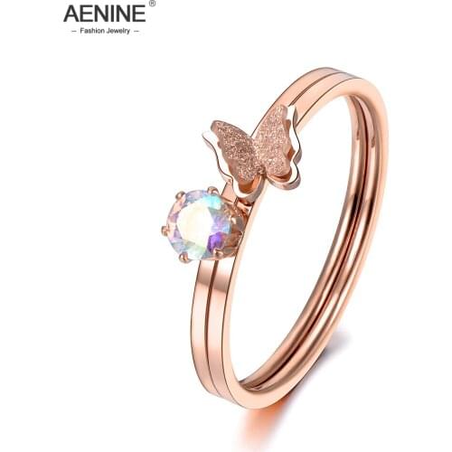 AENINE Stainless Steel 2 In 1 Rings Buttfly CZ Crystal Ring Cute Rose Gold Color Jewelry For Women Valentines Day Gift AR18141