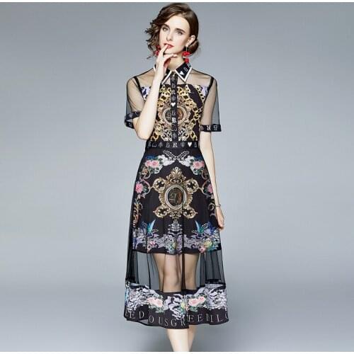 Summer Fashion Runway Dress Women Short Sleeve Mesh Patchwork Elegant Black Vintage Floral Print Mid Calf Dresses k8309