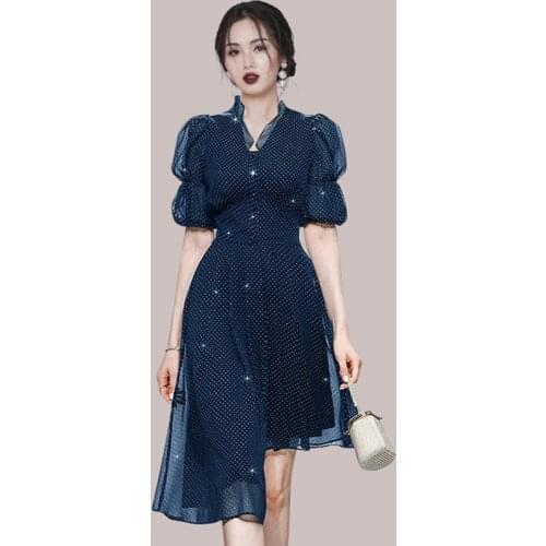 Temperament Women Dresses 2021 Ladies Sexy V-Neck Puff Short Sleeve Polka Dot Chiffon Slim Waist irregular Party Dress Vestidos
