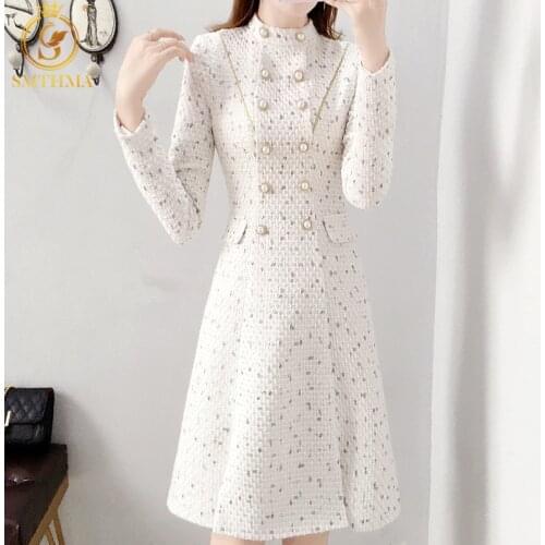 SMTHMA Vintage Tweed Woolen Winter Dresses Women Long Sleeve White Double-Breasted Fashion Clothes Vestidos