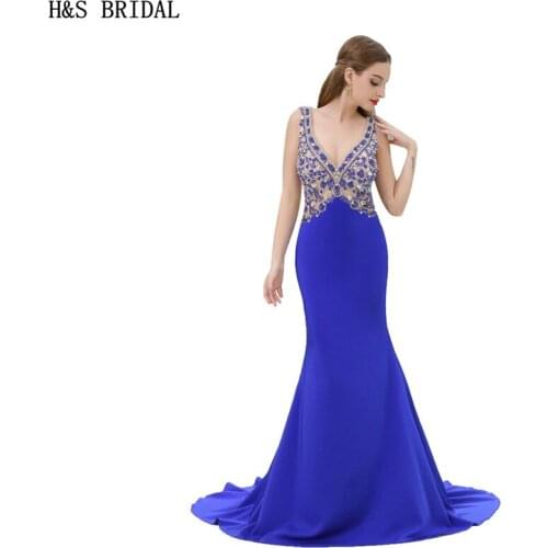 H&S BRIDAL Deep V Neck Crystal Beaded evening dresses long Backless Mermaid evening party Blue formal evening gowns dresses