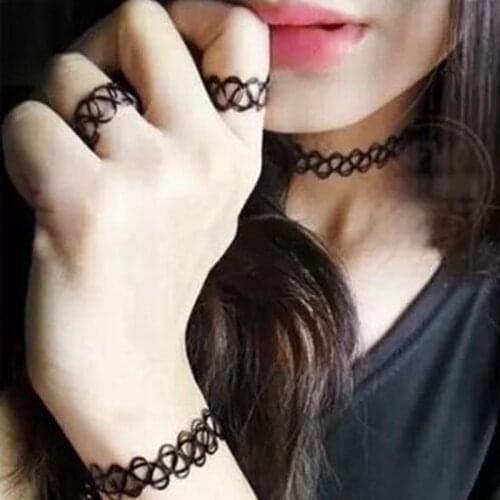 Gothic Collares Ring Bracelet Necklace Jewelry Set Vintage Tattoo Rainbow Elastic Henna Punk Women Wedding Jewelry NEW 12PCS/lot