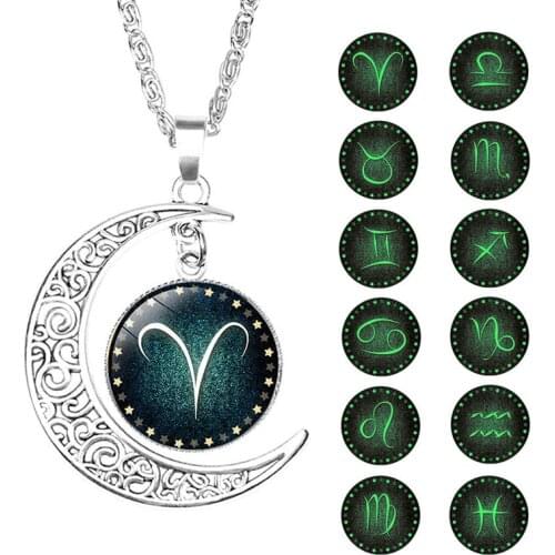 12 Constellation Necklace Zodiac Sign Cabochon Glass Crescent Moon Clavicle Chain Necklace for Women Zodiac Jewelry Holiday Gift