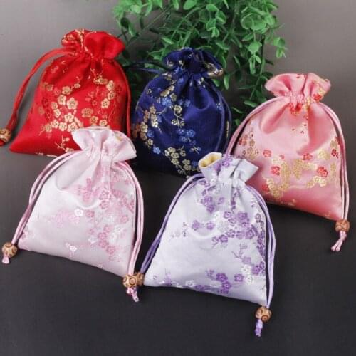 Cherry blossom Small Chinese Silk Pouch Drawstring Gift Bags Wedding Party Favor Bags Jewelry Pouch with lined 50pcs/lot