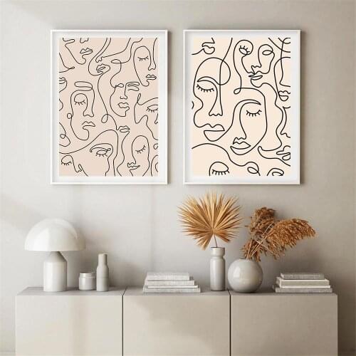 Abstract Woman Face One Line Drawing Prints and Poster Minimalist Beige Wall Art Canvas Painting Nordic Wall Picture Home Decor