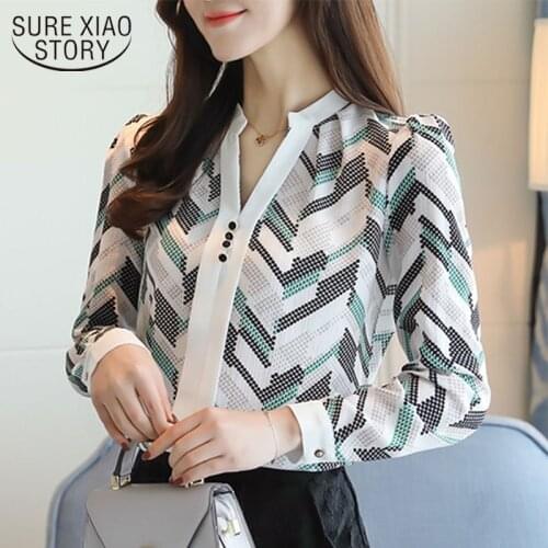 2021 Plus Size V-neck Office Lady Blouse Chiffon Women Blouse Shirt Print Shirt Long Sleeve Womens Clothing Tops Blusas D179 30