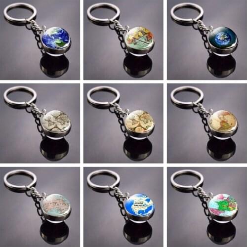 World Map Double Side Glass Ball Keychain Globe Earth Keyring Pendant Americas Europe Australia Map Jewelry Key Chains Keyfob