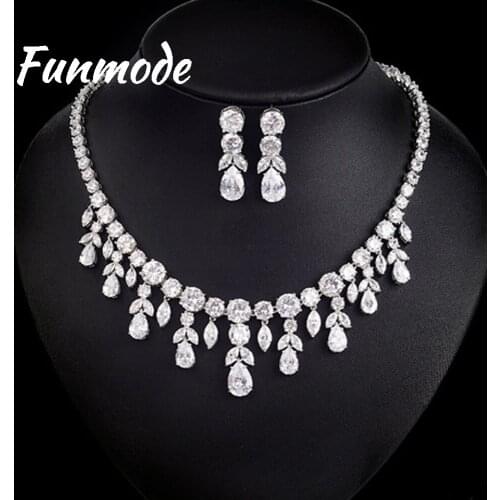 Funmode Luxury Sparking Brilliant CZ Drop Earring Necklace Heavy Dinner Jewelry Set Wedding Bridal Dress Accessories F006K