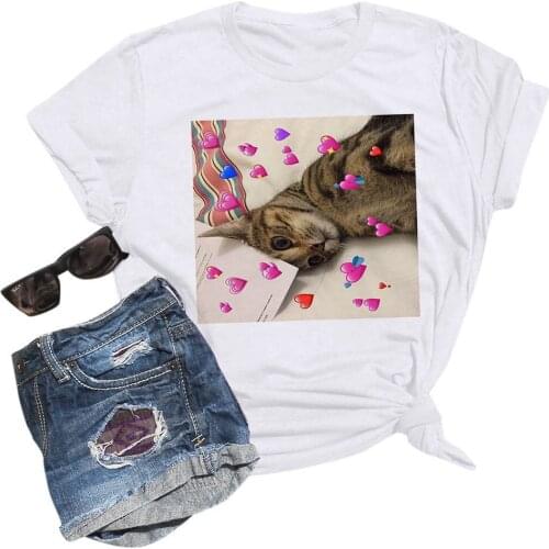 Summer New Womens White Cat Expression Printing T-shirt, Polyester Casual Loose Round Neck Printing Plus Size Short Sleeves