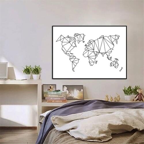 Geometric Low Poly Map Of World Canvas Art Print Abstract World Map Poster Painting Black And White Wall Pictures Home Decor