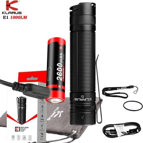 KLARUS E1 Flashlight XP-L HI V4 LED 1000LM tail dual-switch Spotlight + Floodlight With 18650 2600mAh USB Rechargeable battery