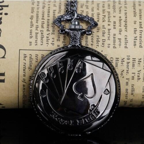 Classic Creativity Retro Black Playing Card Quartz Pocket Watch Necklace Pendant Chain Men Women Best Gifts Relogio De Bolso