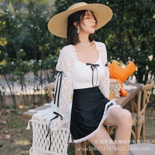 Swimsuit Women Three Piece 2021 Swimming Suit For Girls Korean Plus Size Vintage Bikini Set New Long Sleeve Solid Color Lace Up