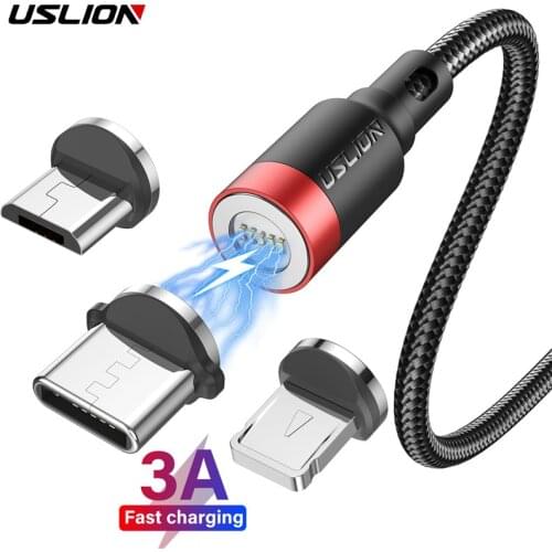 USLION 3A Fast Charging Magnetic Cable For iPhone 12 11 Xs Max XR Micro USB Cable Type C 8 Pin Cable For Xiaomi Redmi 10 Huawei