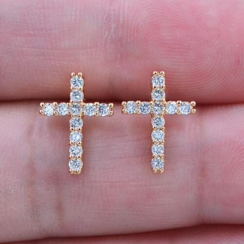 Gold Color AAA+ Cubic Zirconia Fashion Women Clear CZ Cross Stud Earrings Jewelry