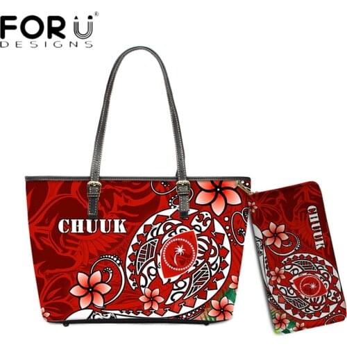 FORUDESIGNS Fashion Design Chuuk Polynesian Plumeria With Turtle Print Women Luxury Shoulder Bag And Wallets Set Female Tote Sac