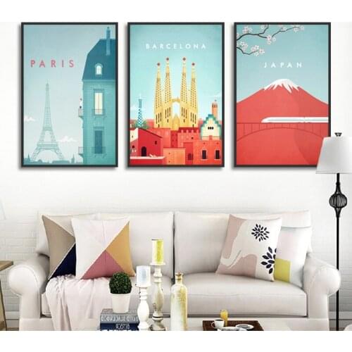 Cartoon Cute City Landscape Paris Barcelona Japan Print Picture Canvas Painting Home Decor Poster For Living Room Bedroom