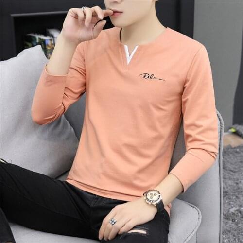 T Shirt Men Mens Long Sleeve T-Shirt New Fashion Tshirt T Shirts V-Neck Full Casual Solid Gray White Orange