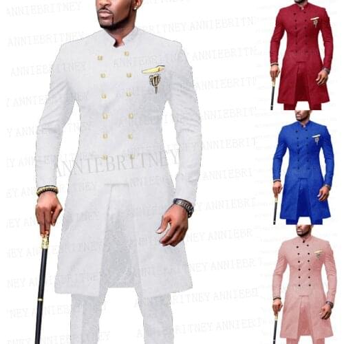 2021 White Jacquard Suit Men Long Blazer Men Double Breasted Tailcoat Stand Collar Groom Wedding Jacket Pants Marriage Clothes
