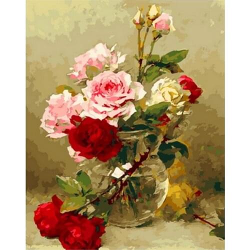 Frameless picture oil paintings by numbers flowers wall decor diy painting on canvas for home decor 4050 pink and red rose