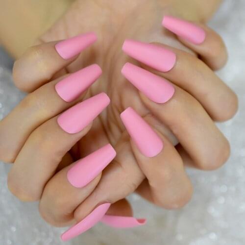 Hot Peach Pink Ballerina False Nails Long Matte Tapered Coffin Frost Press On Nails Lady Manicure EchiQ