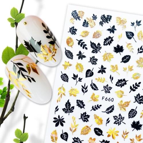 Morixi gold plated nail art sticker natural plant leaves gold white silver 3D manicure big size self adhesive nail decals MC004