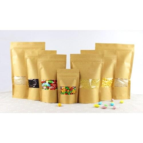 18*26+4cm 50pcs Stand Up Clear Window Brown kraft paper bags with Zipper lock for Food/Tea/Nut/Coffee Resealable Packaging Bag