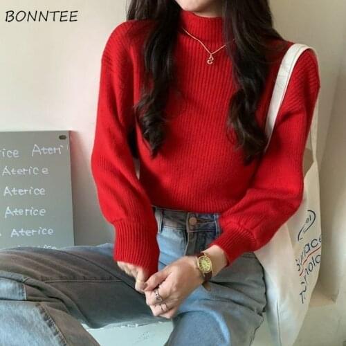 Pullovers Women Lantern Sleeve Turtleneck Solid Vintage Design Simple Basic Korean Style Cute Ladies Tops High Street Trendy New