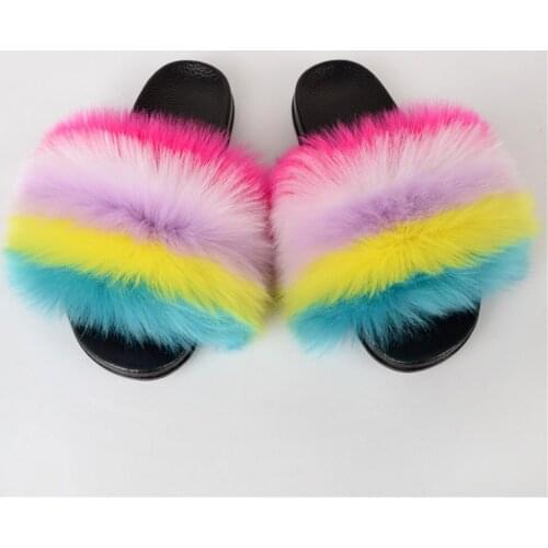 Faux Fox Fur Slides For Women Fluffy Sliders Faux Fur Flip Flops Flat open toe Furry Fuzzy Slides Casual Sandals