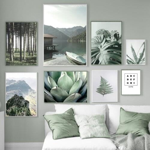 Nordic Modern Scenery Poster Wall Art Decor Quote Canvas Print Mountain Lake Picture Home Decor Nordic Leaf Plant Art Painting