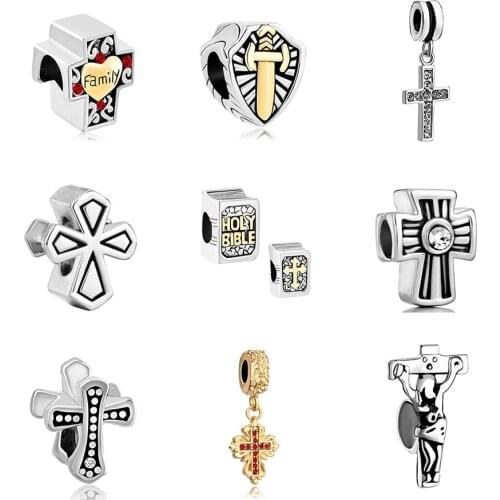 Slide charm free shipping DIY beads Cross pendant cross charm bead fit Pandora bracelet necklace Holiday gift